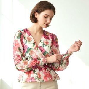 EXPRESS Peplum Faux Wrap Floral Chiffon Blouse V-Neck Long Sleeve Smocked Cuffs